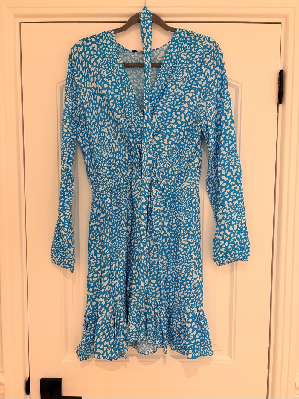 Blue and White Printed V-Neck Tie-Waist Long Sleeve Dress